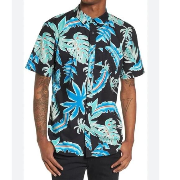 VANS Tailored Fit Tropical Hawaiian Short Sleeve Shirt Black Turquoise Size S - Picture 1 of 11